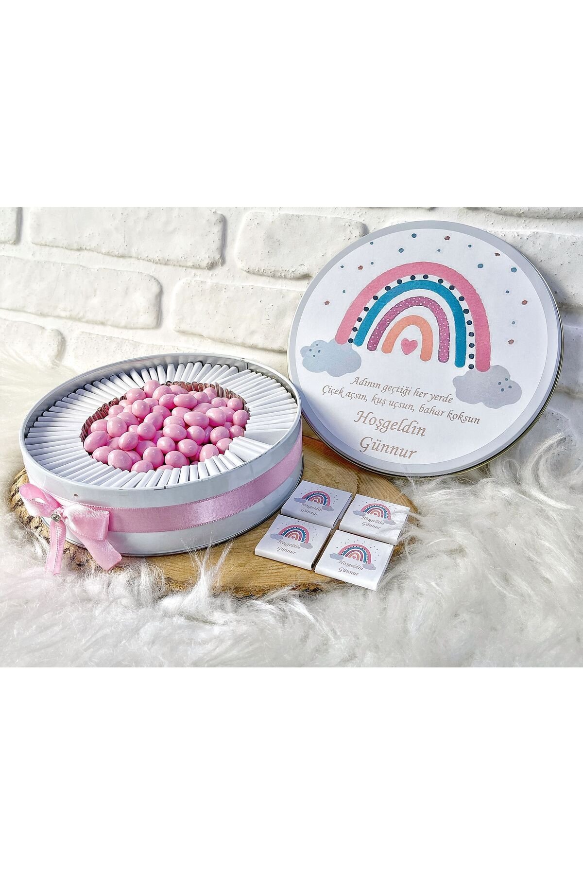 50 Adet+200 Gr Drajeli Pembe Gökkuşağı Temalı İsme Özel Hoşgeldin Doğumgünü Hediyelik Kız Bebek Çiko