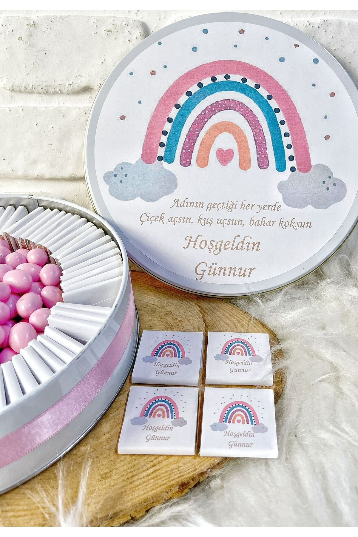 50 Adet+200 Gr Drajeli Pembe Gökkuşağı Temalı İsme Özel Hoşgeldin Doğumgünü Hediyelik Kız Bebek Çiko - Görsel 3