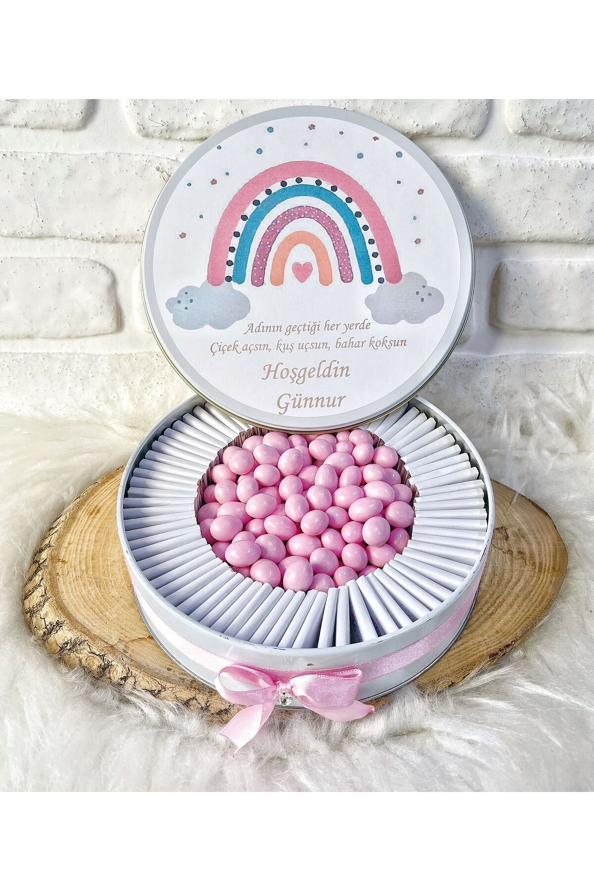 50 Adet+200 Gr Drajeli Pembe Gökkuşağı Temalı İsme Özel Hoşgeldin Doğumgünü Hediyelik Kız Bebek Çiko - Görsel 4