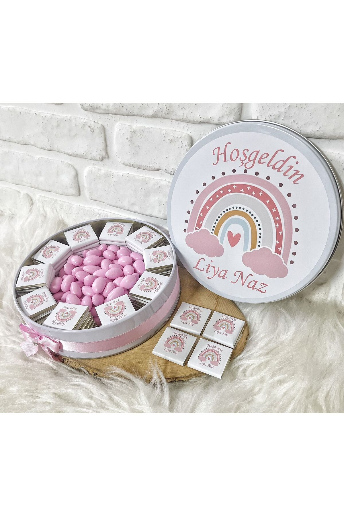 50 Adet+200 Gr Drajeli Pembe Gökkuşağı Konsept İsme Özel Hoşgeldin-Doğumgünü Kız Bebek Hediyelik Çik