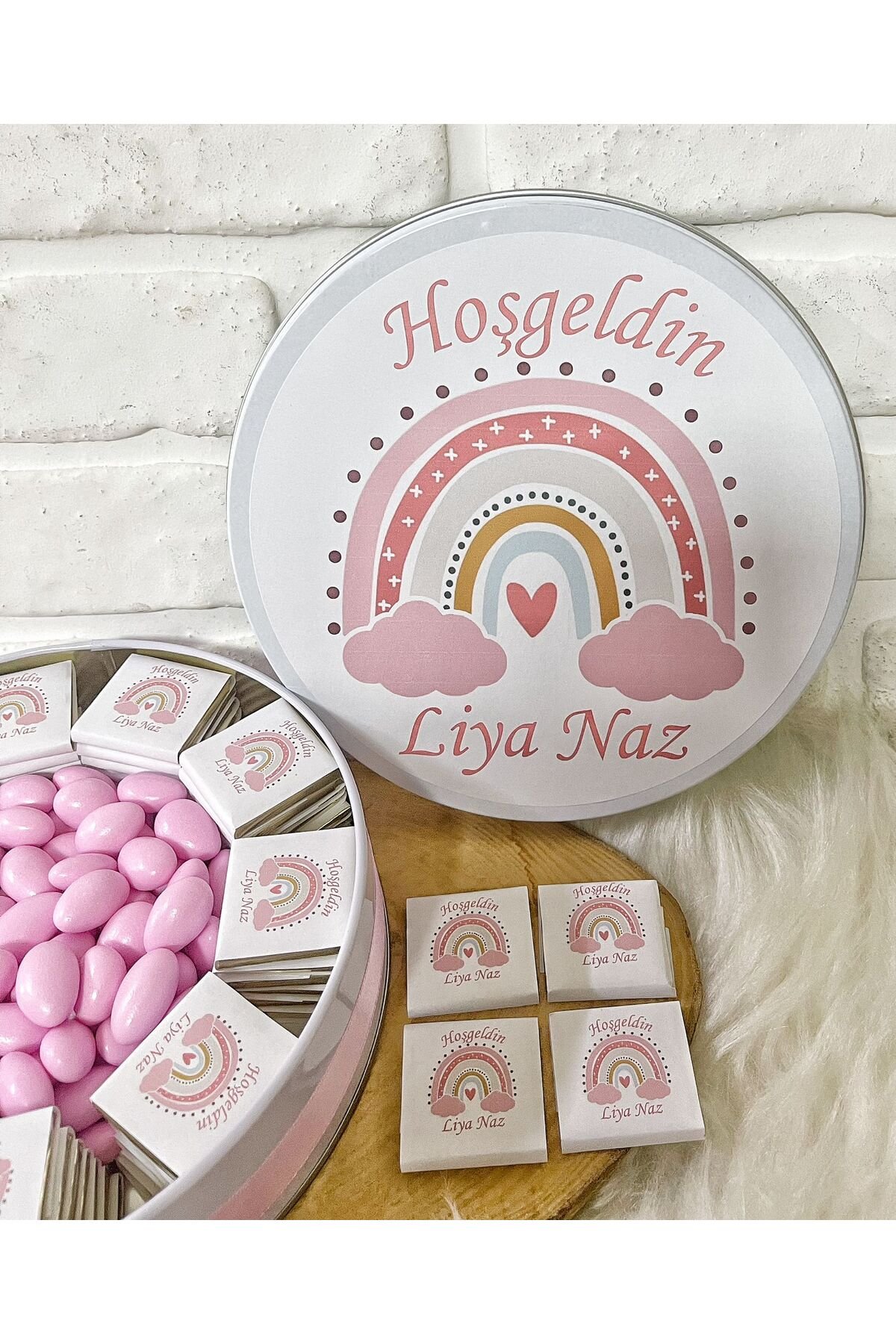 50 Adet+200 Gr Drajeli Pembe Gökkuşağı Konsept İsme Özel Hoşgeldin-Doğumgünü Kız Bebek Hediyelik Çik - Görsel 3