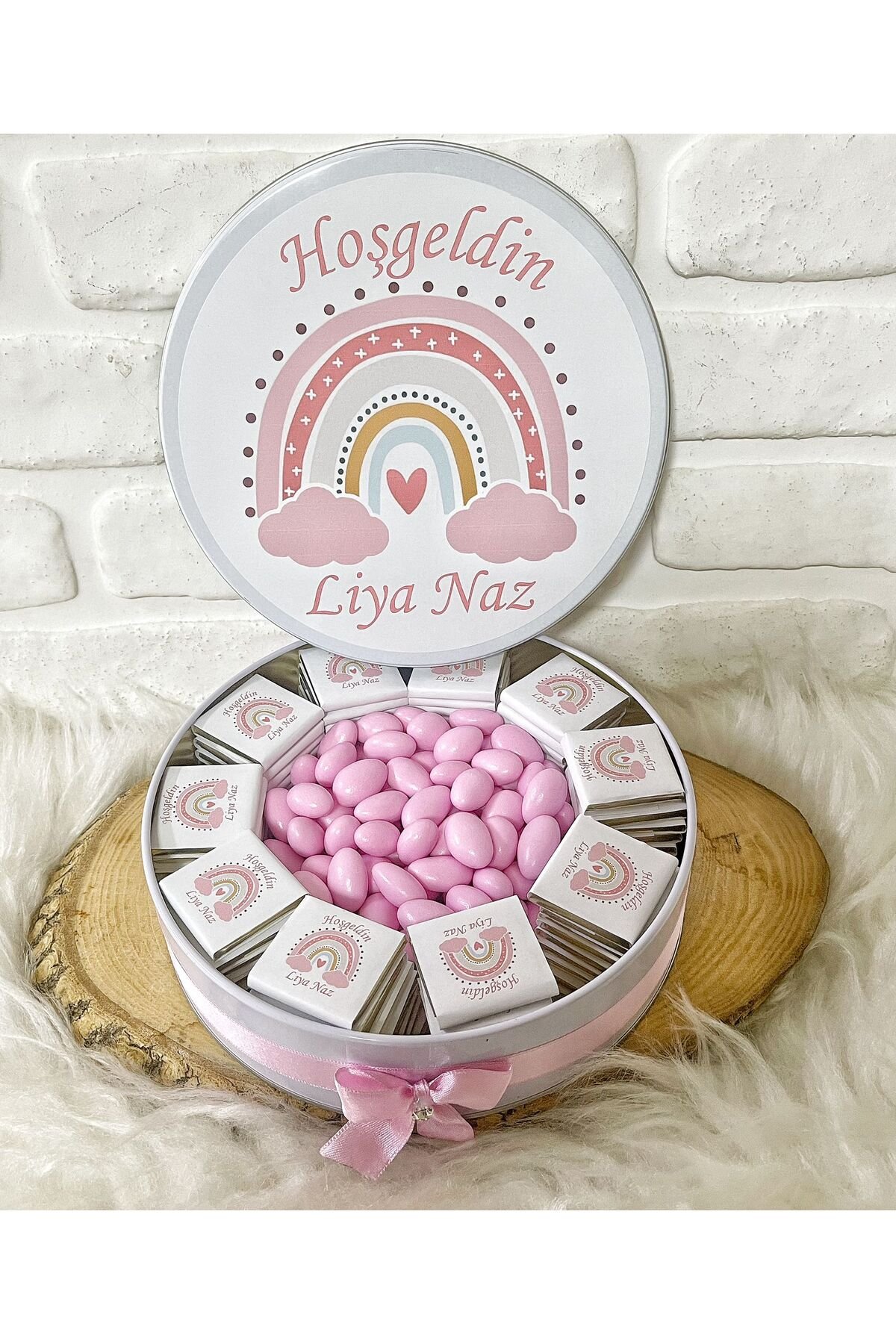 50 Adet+200 Gr Drajeli Pembe Gökkuşağı Konsept İsme Özel Hoşgeldin-Doğumgünü Kız Bebek Hediyelik Çik - Görsel 4