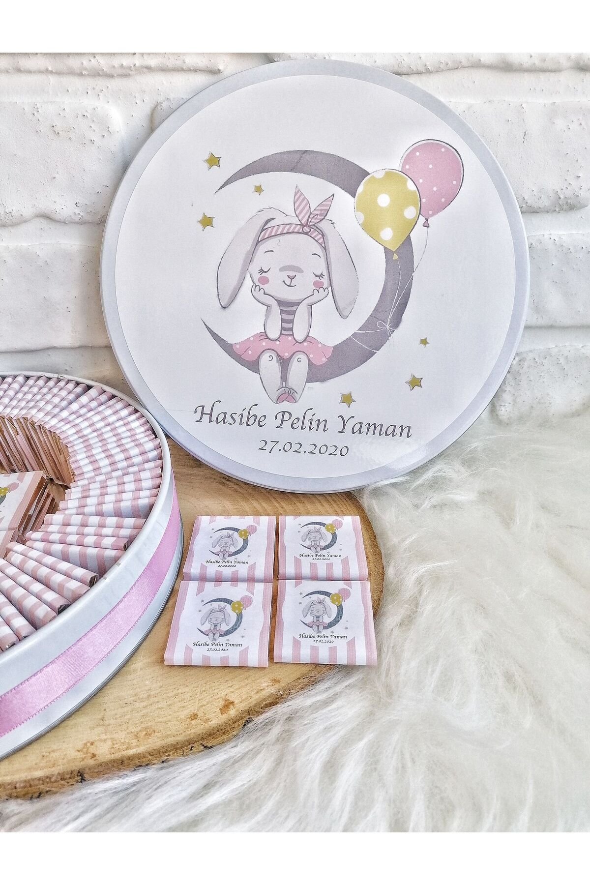 50 Adet Ayda Tavşan Temalı İsme Özel Hoşgeldin Doğumgünü Kız Bebek Hediyelik Çikolata - Görsel 3