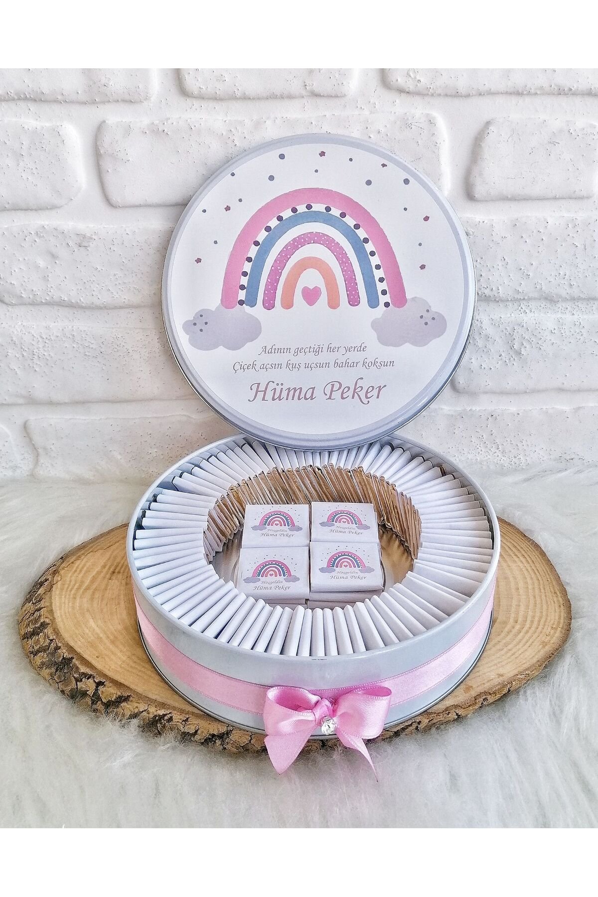 200 Adet Pembe Gökkuşağı Temalı İsme Özel Hoşgeldin Doğumgünü Hediyelik Kız Bebek Çikolata - Görsel 4