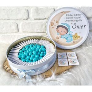 150 Adet+200 Gr Drajeli Ayda Uyuyan Çocuk Temalı İsme Özel Hoşgeldin Erkek Bebek Hediyelik Çikolata