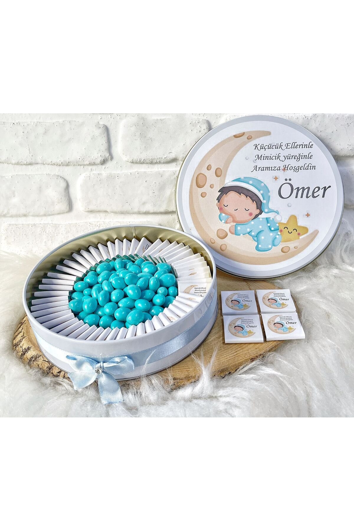 150 Adet+200 Gr Drajeli Ayda Uyuyan Çocuk Temalı İsme Özel Hoşgeldin Erkek Bebek Hediyelik Çikolata - Görsel 2