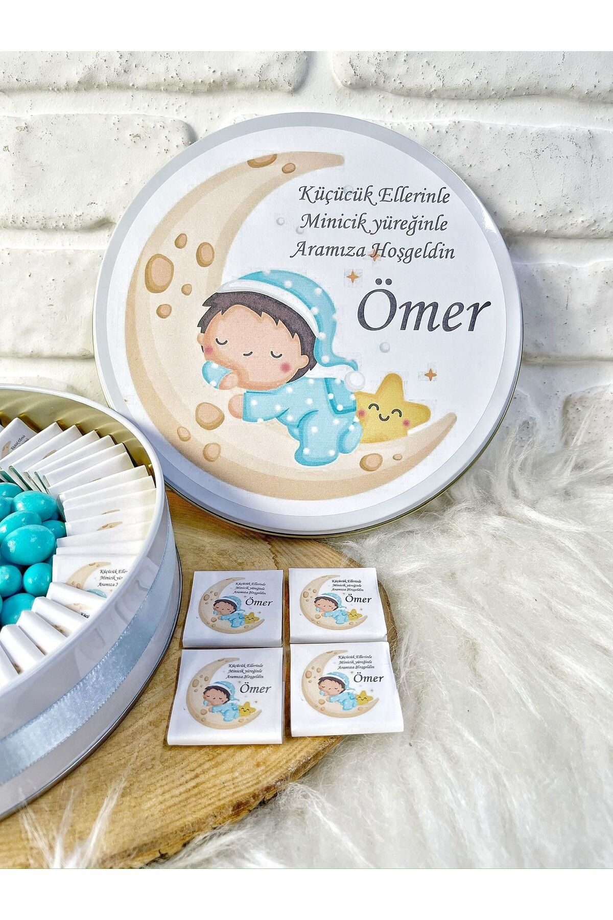 150 Adet+200 Gr Drajeli Ayda Uyuyan Çocuk Temalı İsme Özel Hoşgeldin Erkek Bebek Hediyelik Çikolata - Görsel 3