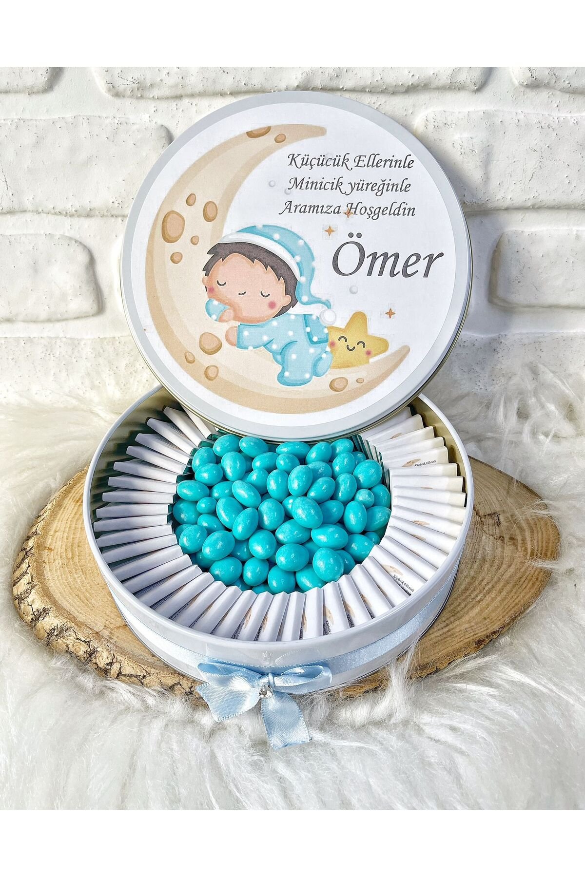 150 Adet+200 Gr Drajeli Ayda Uyuyan Çocuk Temalı İsme Özel Hoşgeldin Erkek Bebek Hediyelik Çikolata - Görsel 4