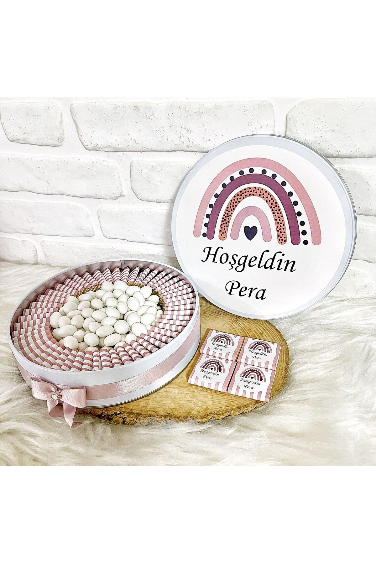 50 Adet+200 Gr Drajeli Pudra Gökkuşağı Temalı İsme Özel Hoşgeldin Doğumgünü Kız Bebek Hediyelik Çiko