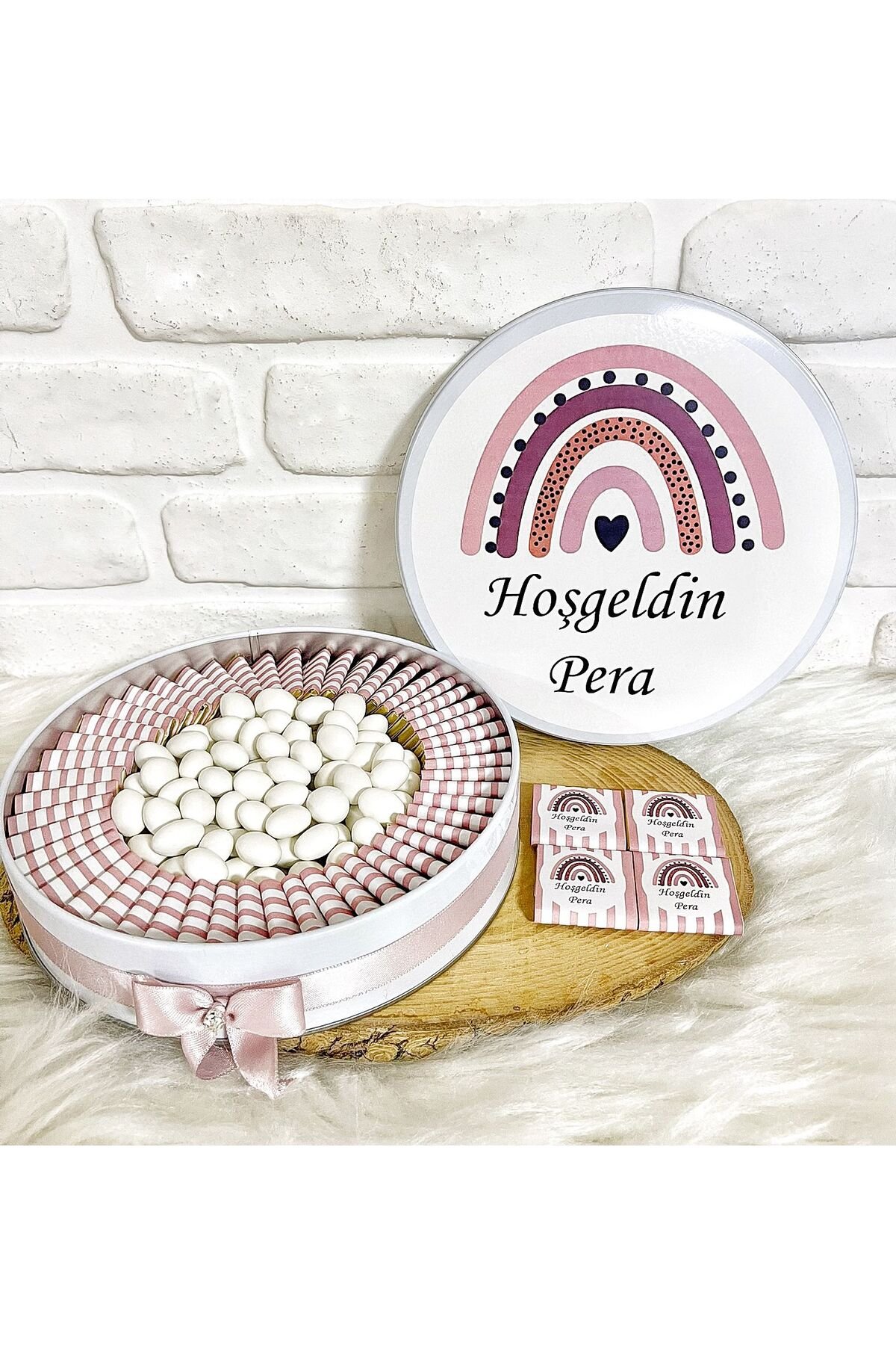 50 Adet+200 Gr Drajeli Pudra Gökkuşağı Temalı İsme Özel Hoşgeldin Doğumgünü Kız Bebek Hediyelik Çiko - Görsel 2