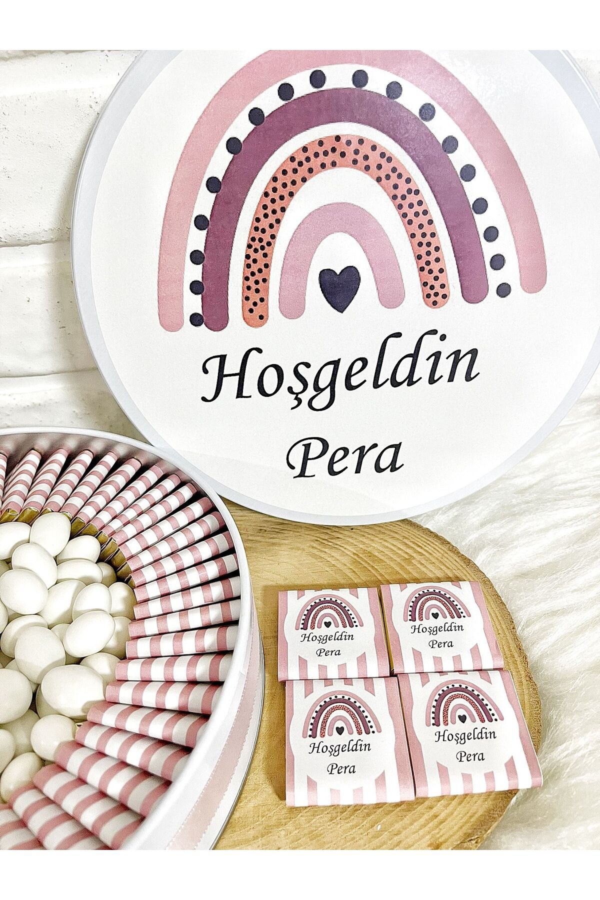 50 Adet+200 Gr Drajeli Pudra Gökkuşağı Temalı İsme Özel Hoşgeldin Doğumgünü Kız Bebek Hediyelik Çiko - Görsel 3