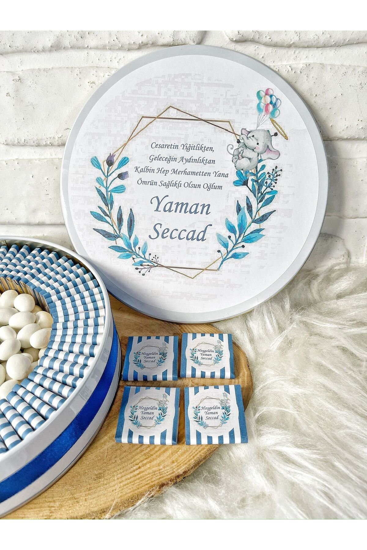 150 Adet+200 Gr Drajeli Çiçekli Fil Temalı İsme Özel Erkek Bebek Hoşgeldin Doğumgünü Çikolata - Görsel 3