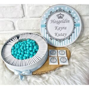 100 Adet+200 Gr Drajeli Mavi Kral Tacı Temalı İsme Özel Hoşgeldin Doğumgünü Erkek Bebek Hediyelik Çi