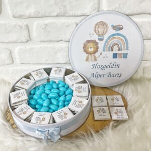100 Adet+200 Gr Drajeli Mavi Aslan Temalı İsme Özel Hoşgeldin Doğumgünü Hediyelik Erkek Bebek Çikola