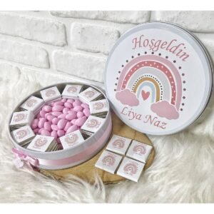 80 Adet+200 Gr Drajeli Pembe Gökkuşağı Konsept İsme Özel Hoşgeldin-Doğumgünü Kız Bebek Hediyelik Çik