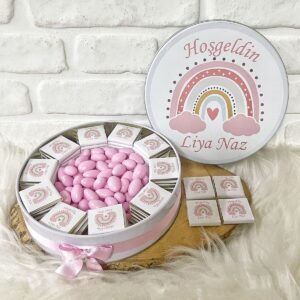 80 Adet+200 Gr Drajeli Pembe Gökkuşağı Konsept İsme Özel Hoşgeldin-Doğumgünü Kız Bebek Hediyelik Çik