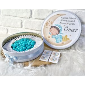 100 Adet+200 Gr Drajeli Ayda Uyuyan Çocuk Temalı İsme Özel Hoşgeldin Erkek Bebek Hediyelik Çikolata