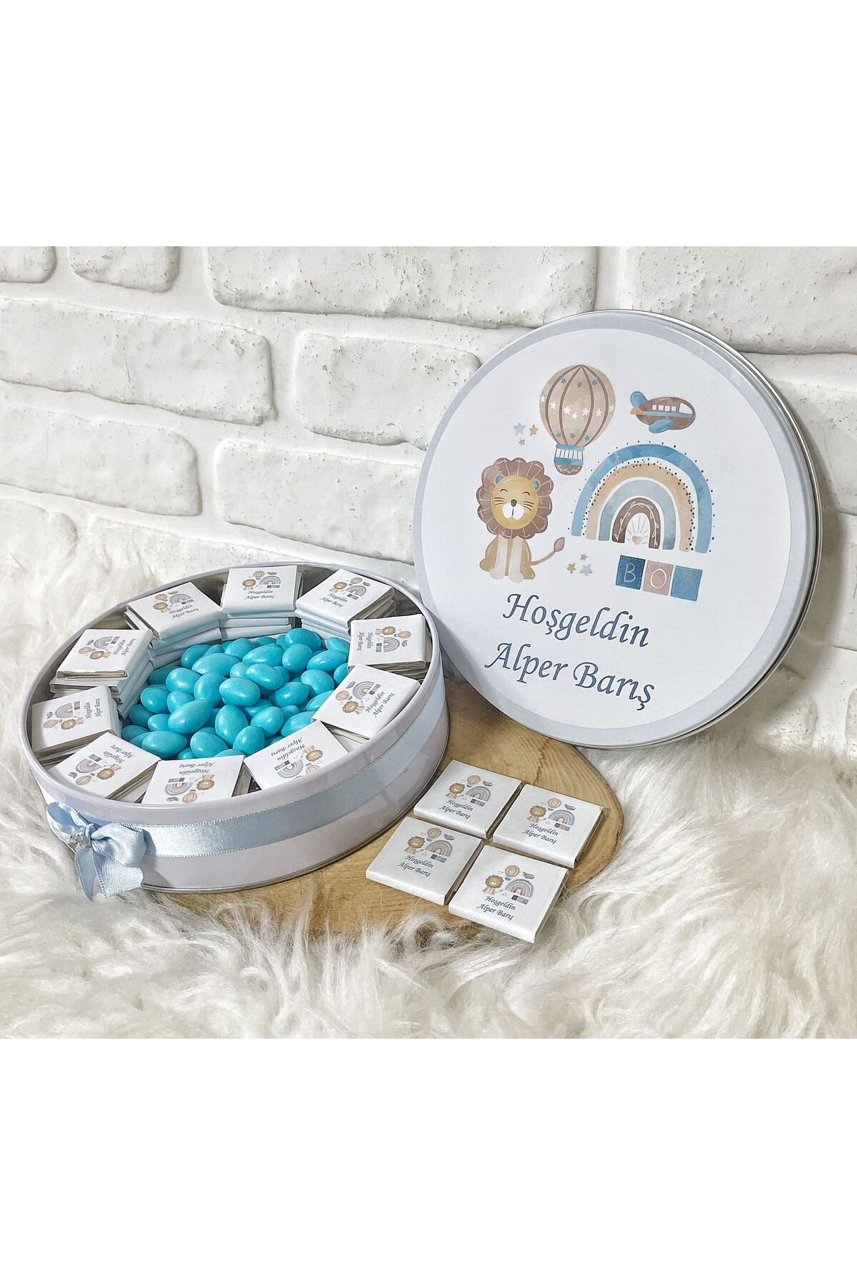 200 Adet+200 Gr Drajeli Mavi Aslan Temalı İsme Özel Hoşgeldin Doğumgünü Hediyelik Erkek Bebek Çikola