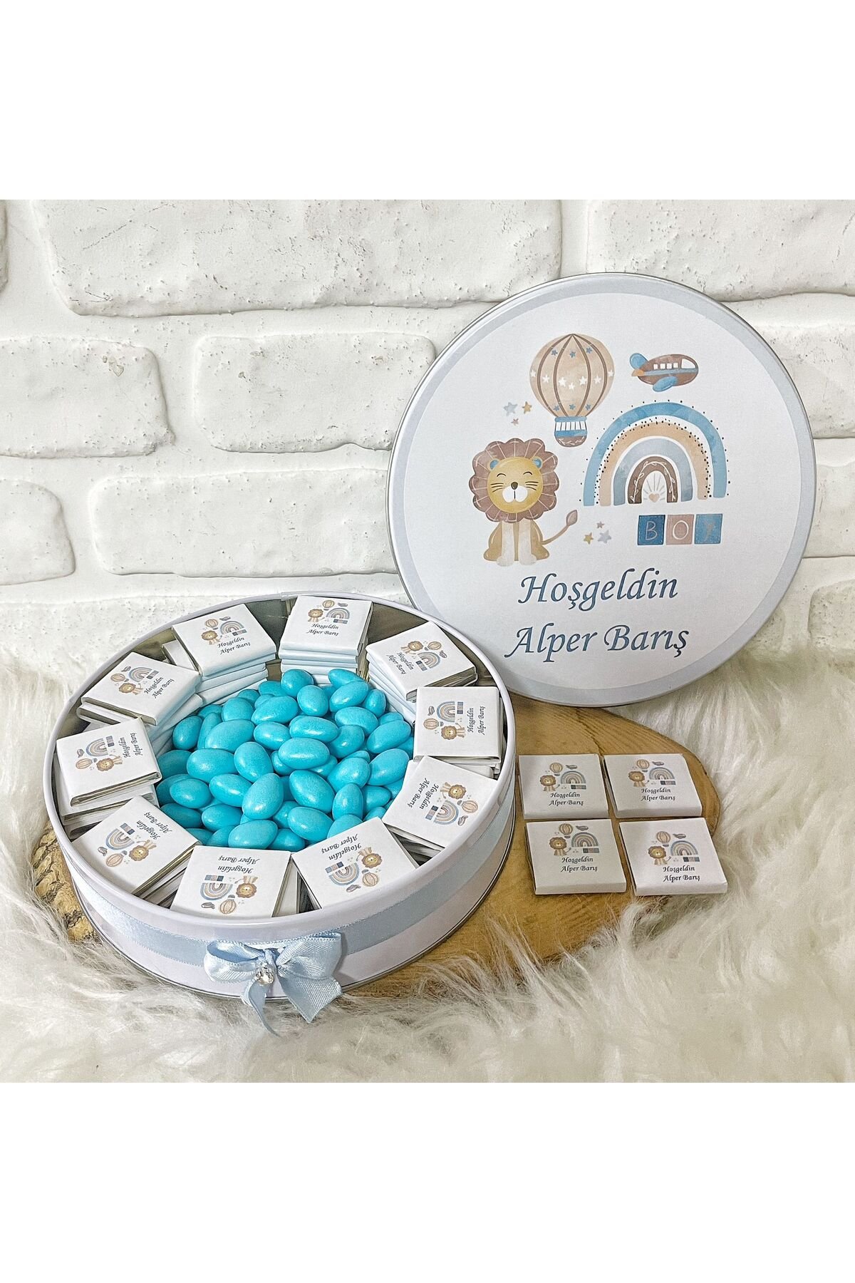 200 Adet+200 Gr Drajeli Mavi Aslan Temalı İsme Özel Hoşgeldin Doğumgünü Hediyelik Erkek Bebek Çikola - Görsel 2