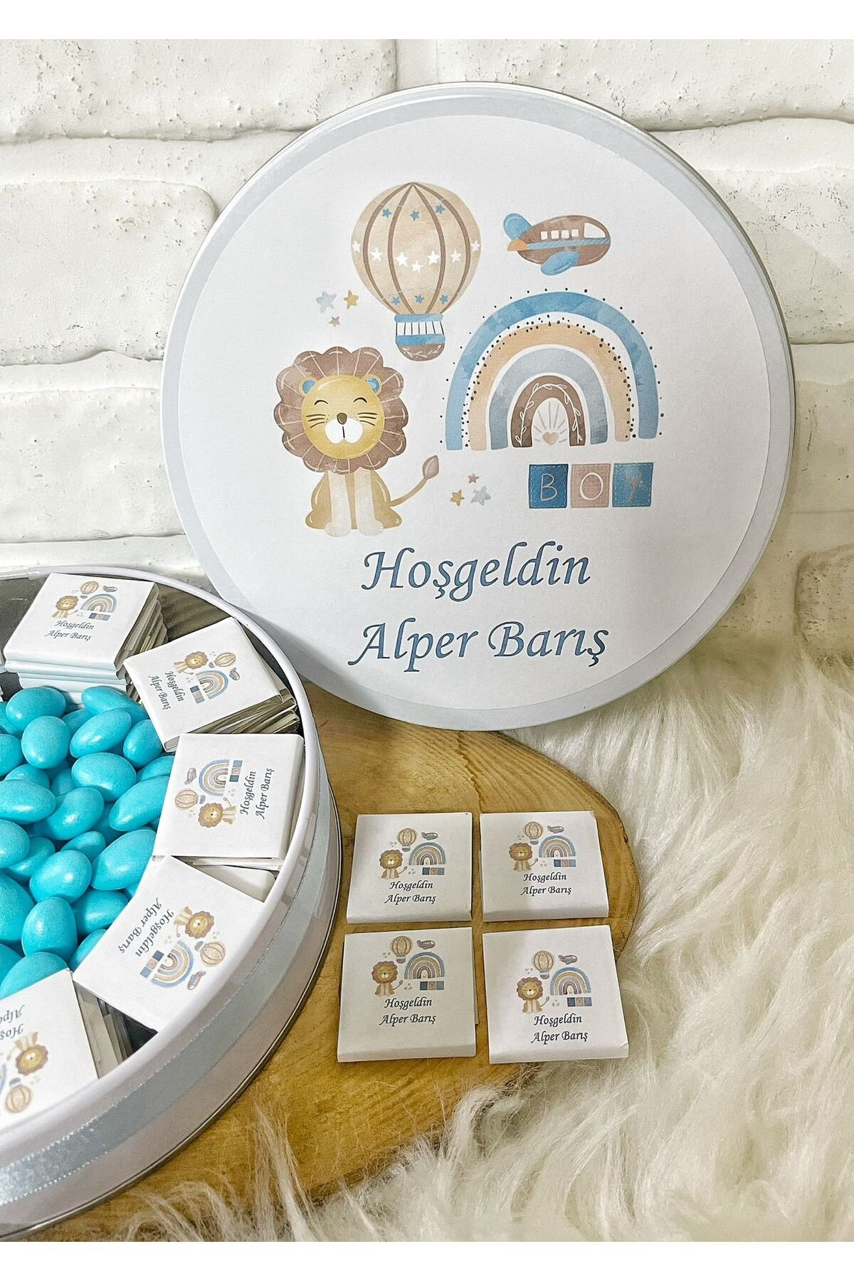 200 Adet+200 Gr Drajeli Mavi Aslan Temalı İsme Özel Hoşgeldin Doğumgünü Hediyelik Erkek Bebek Çikola - Görsel 3