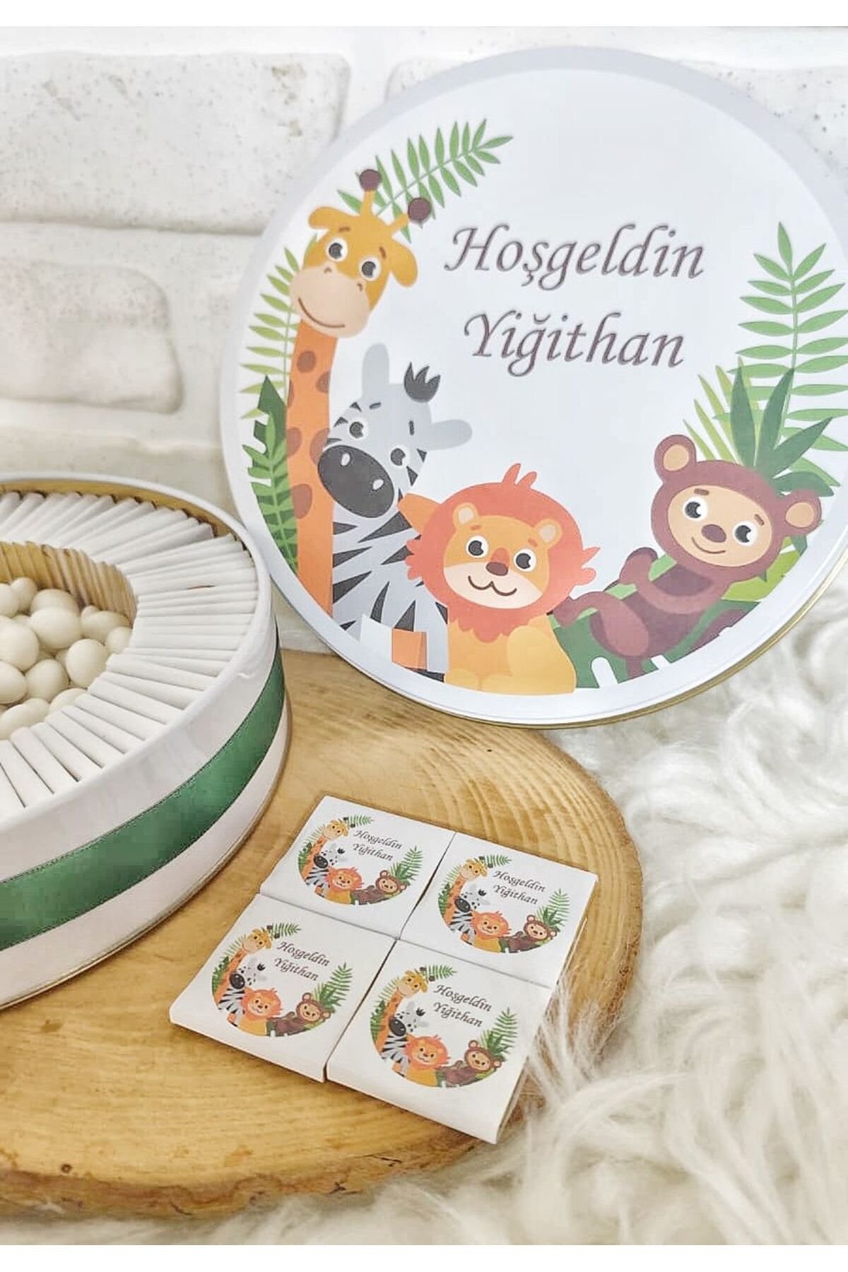 50 Adet+200 Gr Drajeli Safari Temalı İsme Özel Erkek Bebek Hoşgeldin Doğumgünü Hediyelik Çikolata - Görsel 3
