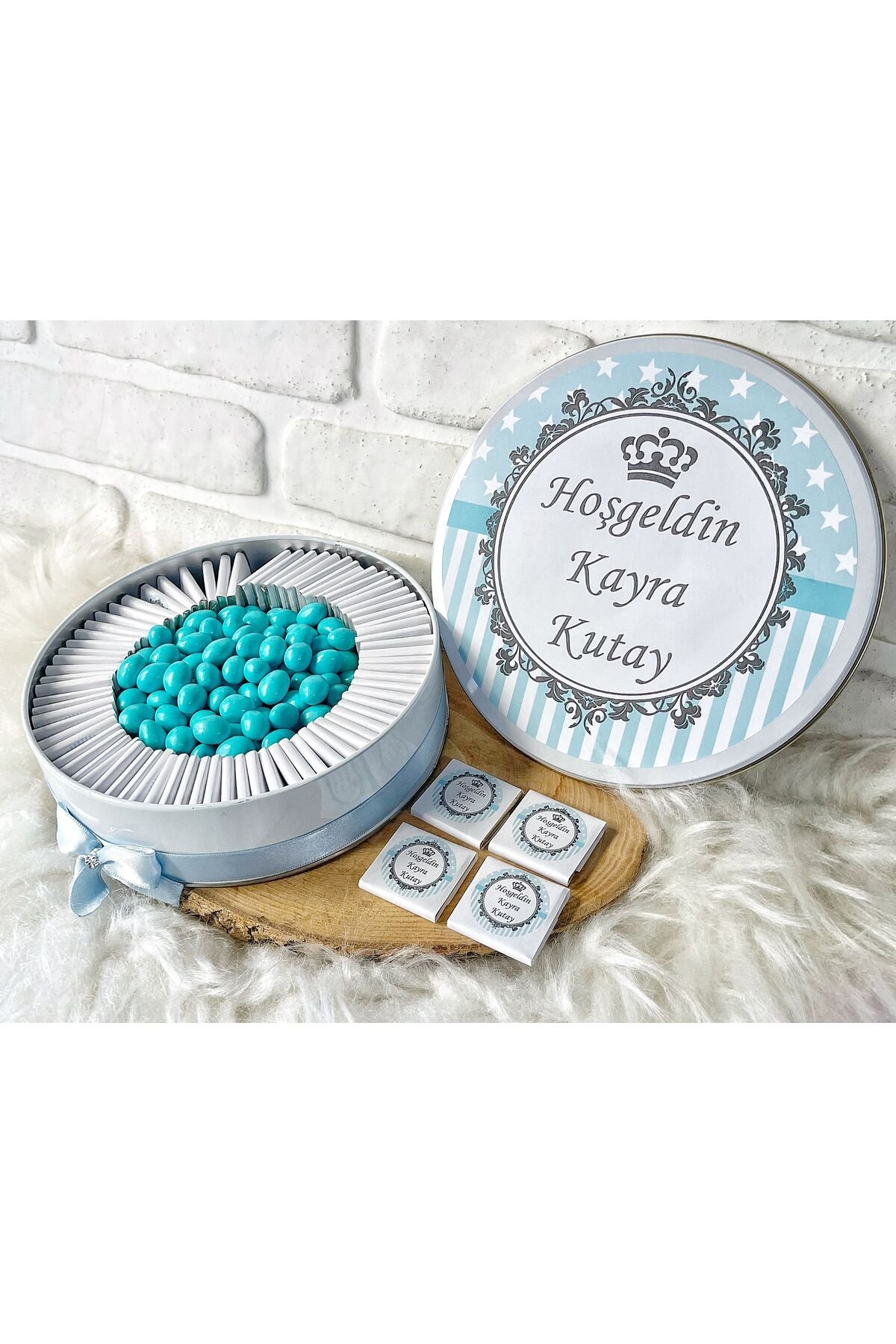 50 Adet+200 Gr Drajeli Mavi Kral Tacı Temalı İsme Özel Hoşgeldin Doğumgünü Erkek Bebek Hediyelik Çik