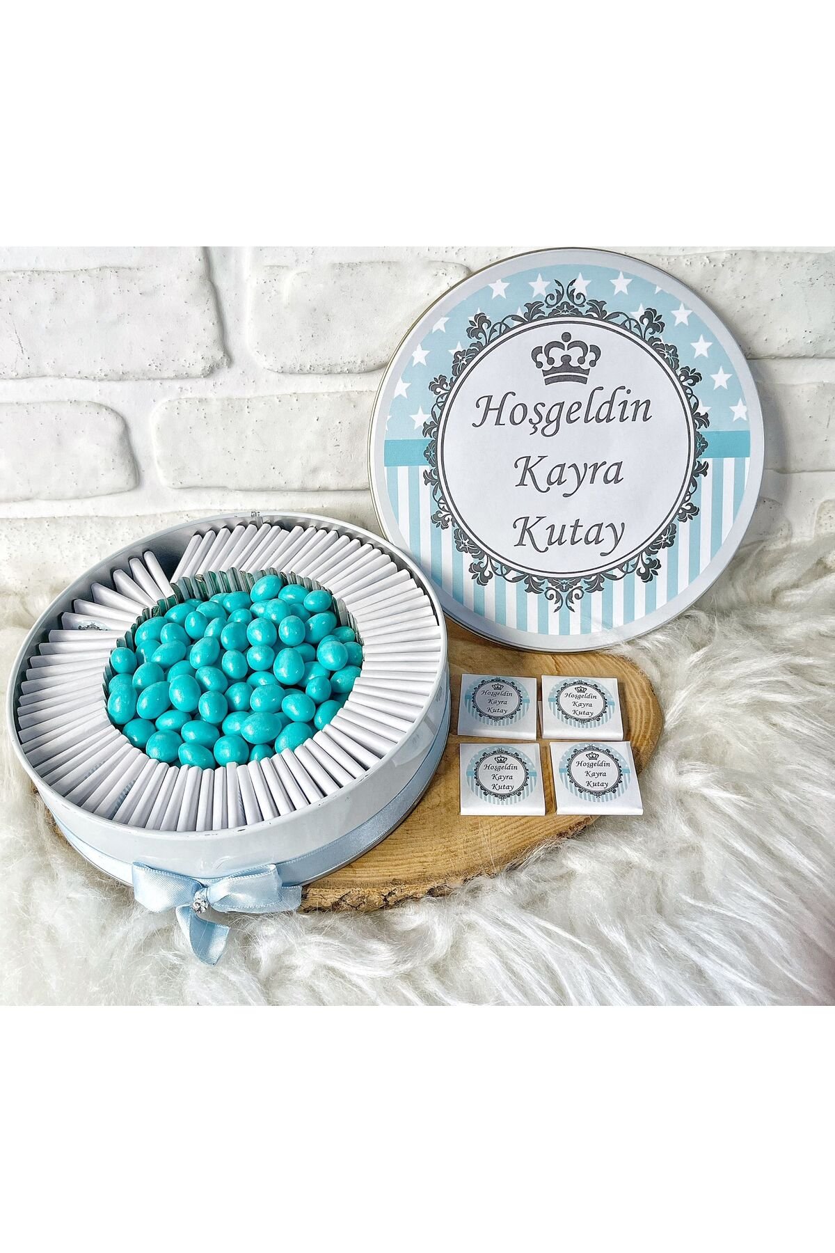 50 Adet+200 Gr Drajeli Mavi Kral Tacı Temalı İsme Özel Hoşgeldin Doğumgünü Erkek Bebek Hediyelik Çik - Görsel 2