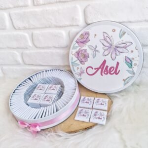 100 Adet Kelebek ve Çiçek Temalı İsme Özel Hoşgeldin-Doğumgünü Kız Bebek Hediyelik Çikolata
