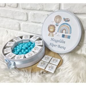 150 Adet+200 Gr Drajeli Mavi Aslan Temalı İsme Özel Hoşgeldin Doğumgünü Hediyelik Erkek Bebek Çikola