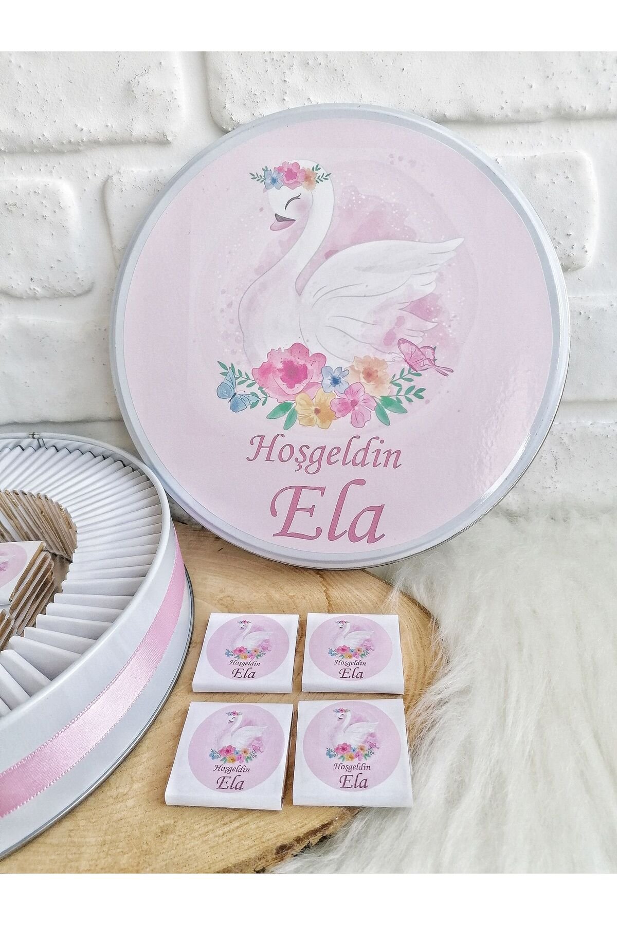 50 Adet Kuğu Temalı İsme Özel Kız Bebek Hoşgeldin Doğumgünü Hediyelik Çikolata - Görsel 3
