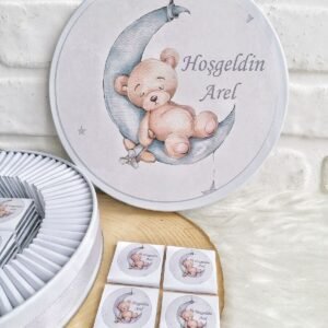 50 Adet Gri Ayıcık Temalı İsme Özel Hoşgeldin Doğumgünü Erkek Bebek Hediyelik Çikolata