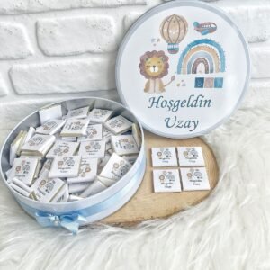 80 Adet Mavi Aslan Temalı İsme Özel Hoşgeldin Doğumgünü Hediyelik Erkek Bebek Çikolata