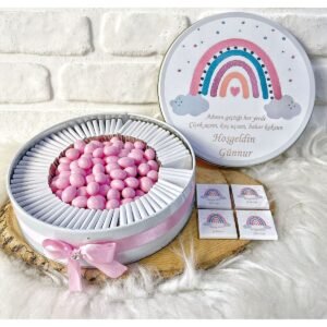 80 Adet+200 Gr Drajeli Pembe Gökkuşağı Temalı İsme Özel Hoşgeldin Doğumgünü Hediyelik Kız Bebek Çiko