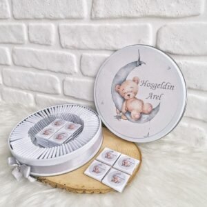 150 Adet Gri Ayıcık Temalı İsme Özel Hoşgeldin Doğumgünü Erkek Bebek Hediyelik Çikolata