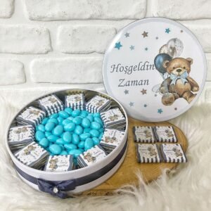 150 Adet+200 Gr Drajeli Lacivert Ayıcıklı İsme Özel Erkek Bebek Hoşgeldin Doğumgünü Hediyelik Çikola