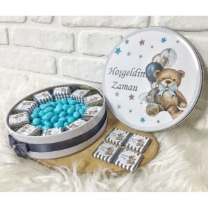 100 Adet+200 Gr Drajeli Lacivert Ayıcıklı İsme Özel Erkek Bebek Hoşgeldin Doğumgünü Hediyelik Çikola