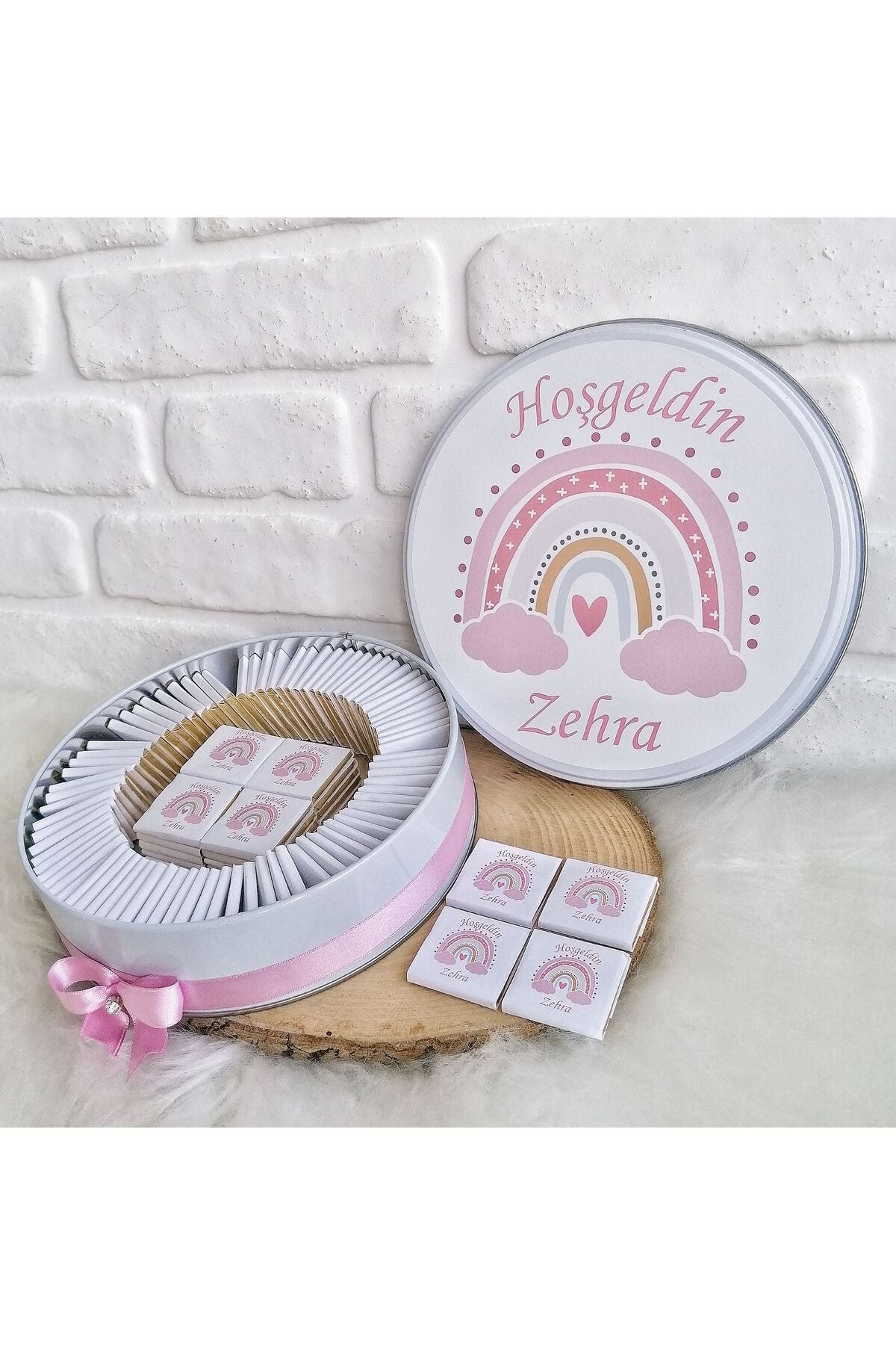 200 Adet Pembe Gokkusagi Temali Isme Ozel Hosgeldin Kiz Bebek Hediyelik Cikolata