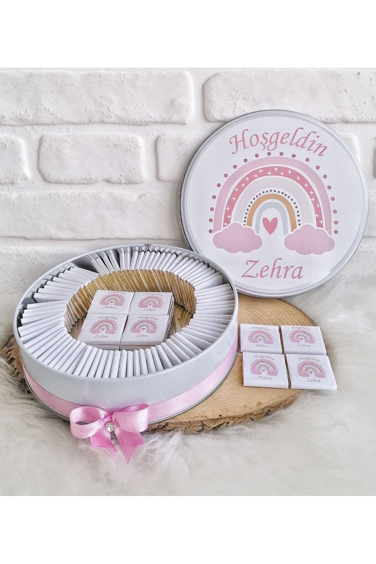 200 Adet Pembe Gokkusagi Temali Isme Ozel Hosgeldin Kiz Bebek Hediyelik Cikolata - Görsel 2