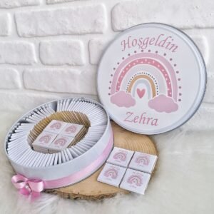 100 Adet Pembe Gokkusagi Temali Isme Ozel Hosgeldin Kiz Bebek Hediyelik Cikolata