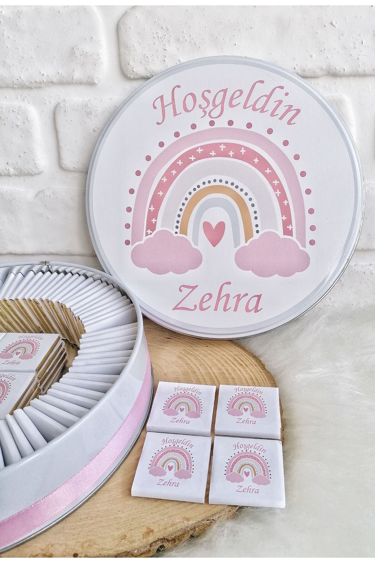 100 Adet Pembe Gokkusagi Temali Isme Ozel Hosgeldin Kiz Bebek Hediyelik Cikolata - Görsel 3