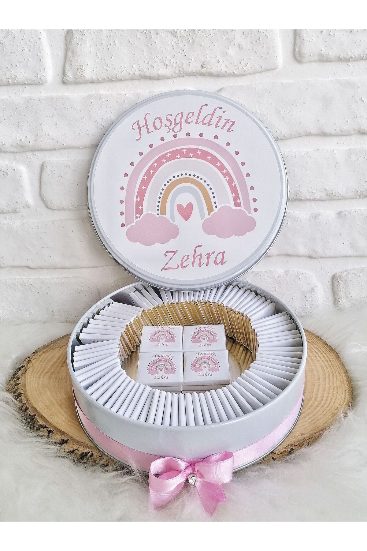 100 Adet Pembe Gokkusagi Temali Isme Ozel Hosgeldin Kiz Bebek Hediyelik Cikolata - Görsel 4