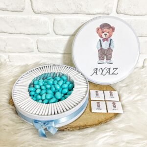 100 Adet+200 Gr Draje Ralf Ayıcık İsme Özel Hoşgeldin Doğumgünü Hediyelik Erkek Bebek Çikolatası