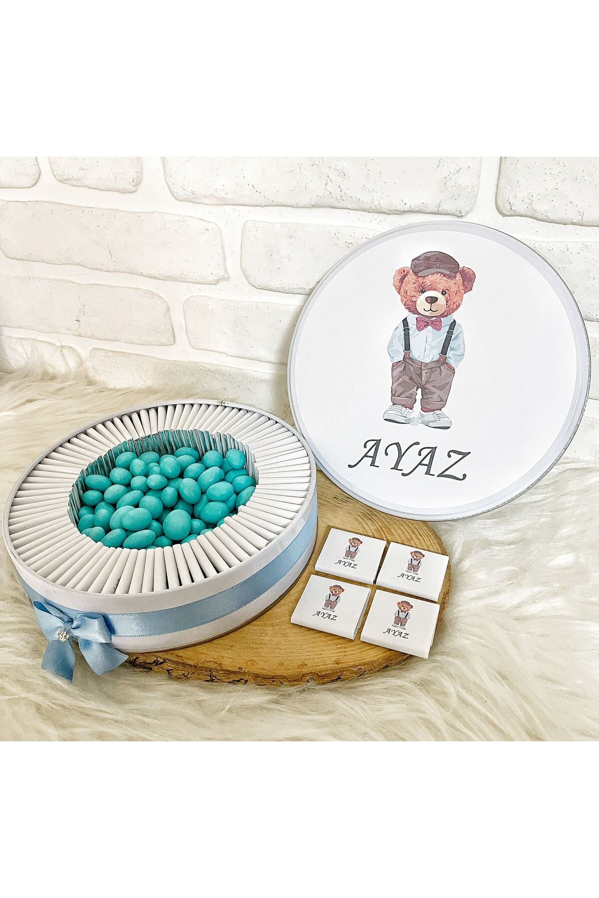 50 Adet+200 Gr Draje Ralf Ayıcık İsme Özel Hoşgeldin Doğumgünü Hediyelik Erkek Bebek Çikolatası