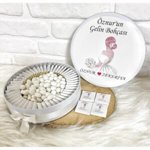 100 Adet+200 Gr Drajeli Gelin Temalı İsme Özel Gelin Bohçası-Söz-Nişan-Nikah Hediyelik Çikolata