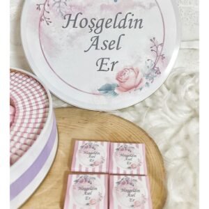 100 Adet+200 Gr Drajeli Lila Çiçek Temalı İsme Özel Kız Bebek Hoşgeldin Hediyelik Çikolata