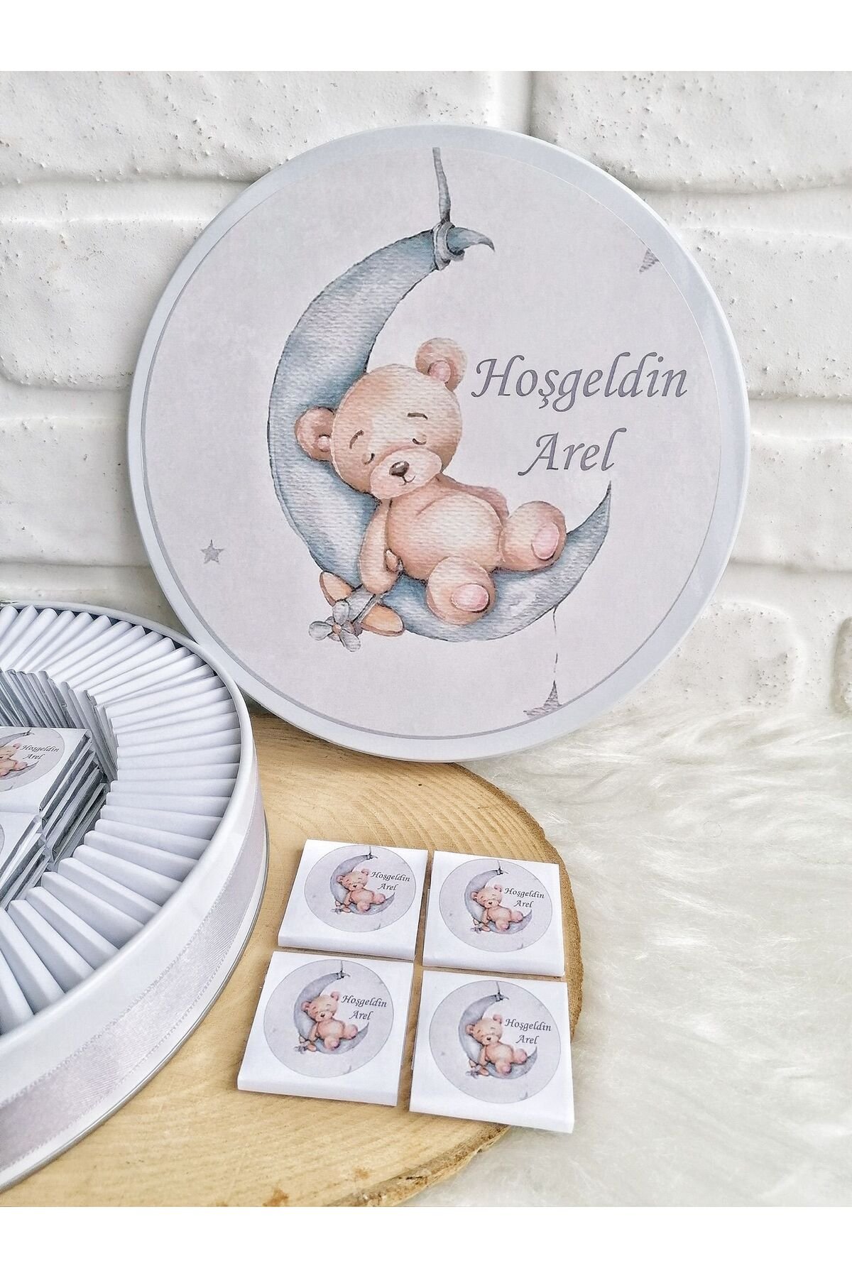 200 Adet Gri Ayıcık Temalı İsme Özel Hoşgeldin Doğumgünü Erkek Bebek Hediyelik Çikolata - Görsel 2