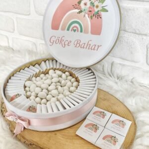 80 Adet+200 Gr Drajeli Çiçekli Gökkuşağı Temalı İsme Özel Kız Bebek Hoşgeldin Doğumgünü Hediyelik Çi