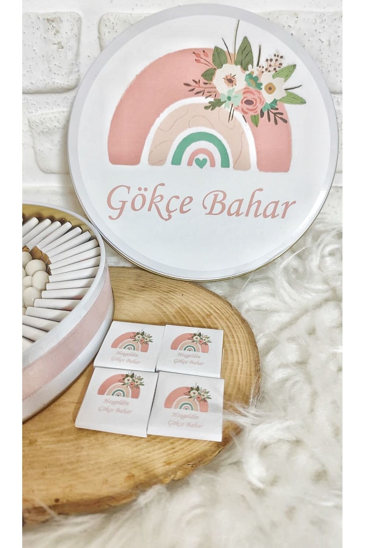 80 Adet+200 Gr Drajeli Çiçekli Gökkuşağı Temalı İsme Özel Kız Bebek Hoşgeldin Doğumgünü Hediyelik Çi - Görsel 3
