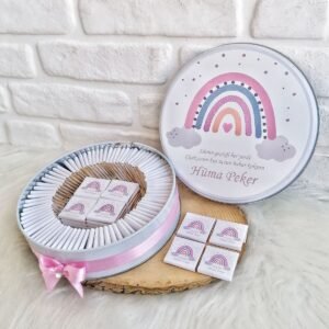 100 Adet Pembe Gökkuşağı Temalı İsme Özel Hoşgeldin Doğumgünü Hediyelik Kız Bebek Çikolata