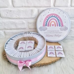 100 Adet Pembe Gökkuşağı Temalı İsme Özel Hoşgeldin Doğumgünü Hediyelik Kız Bebek Çikolata